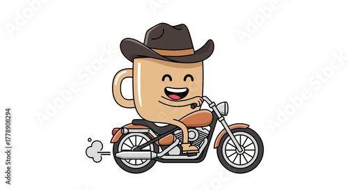A joyful coffee cup with a cowboy hat rides a motorcycle, embodying a sense of adventure and