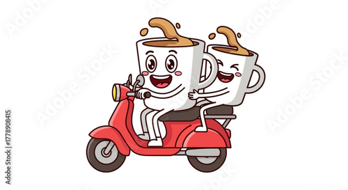 Two cartoon coffee cups joyfully riding a red scooter together on a white background