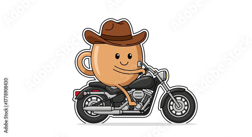 Cartoon coffee cup with a cowboy hat riding a motorcycle illustration design concept
