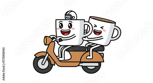 Cheerful coffee mugs on a scooter adventure embodying cafe culture and friendship ride