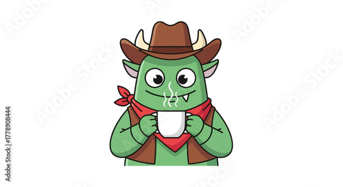 Cartoon green monster wearing a cowboy hat enjoying a warm beverage animation style isolated on