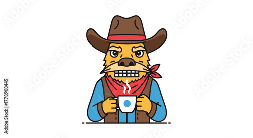 Cartoon wolf sheriff with coffee break in classic western outfit attire illustration