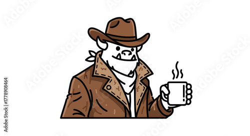 Cartoon ogre sheriff with a cup of coffee dressed in cowboy attire isolated on white background