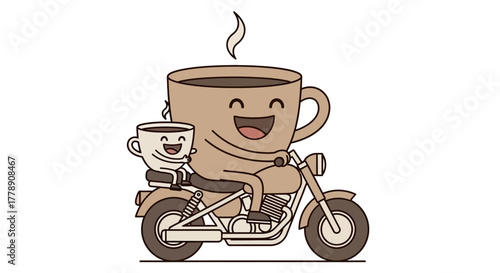 Whimsical Coffee Cups on a Motorcycle Adventure A Cartoon Illustration of Friendship