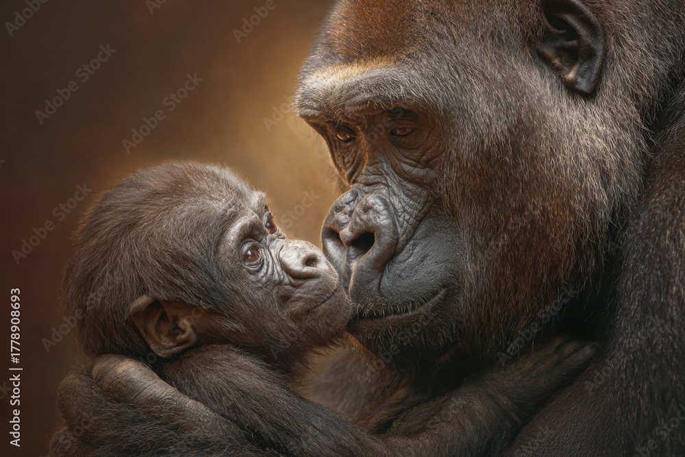 Obraz premium Heartwarming moment as a loving gorilla mother shares a tender embrace with her baby in a serene and warm environment