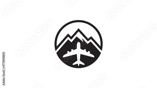 Airplane flying over mountain peaks in a circle minimalist vector logo design for travel and tourism isolated on white background