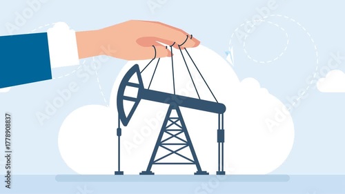Influence of politics, business on oil production. Man manipulates oil rig like a puppeteer. Petroleum industry business. It didn't work, but then it worked. Mining of black gold. 2d flat animation