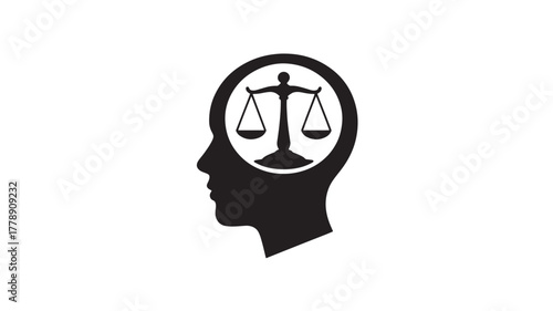 Scales of justice inside a head silhouette vector illustration representing law legal and ethical considerations isolated on white