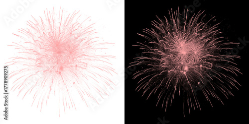 Two pink abstract explosions and fireworks against black backdrop