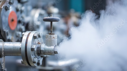 Industrial valve, releasing steam, in a factory environment with blurred machinery, close-up view, copy space.