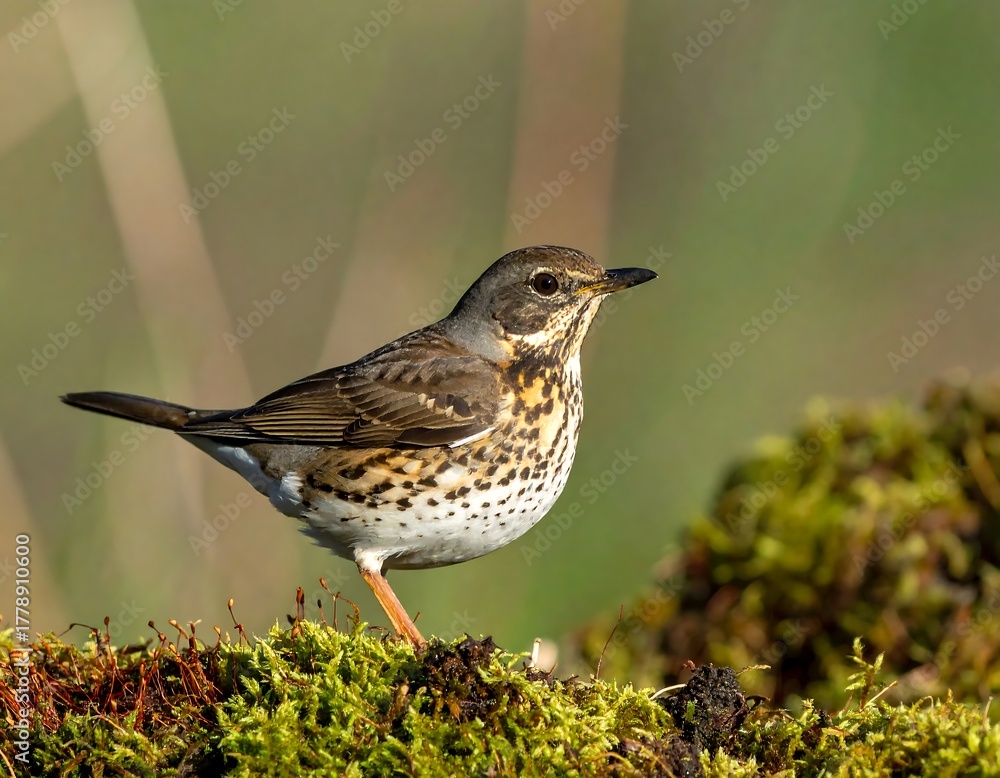 Fototapeta premium Perched songbird with speckled breast, surveying the verdant landscape
