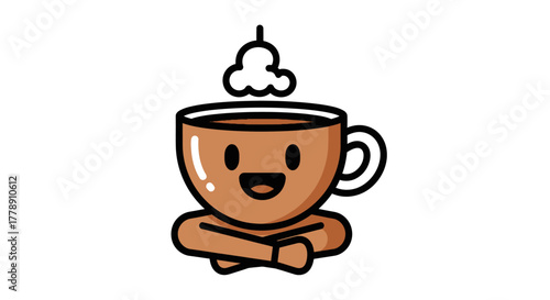 Cartoon coffee cup character in lotus position symbolizing relaxation and enjoyment
