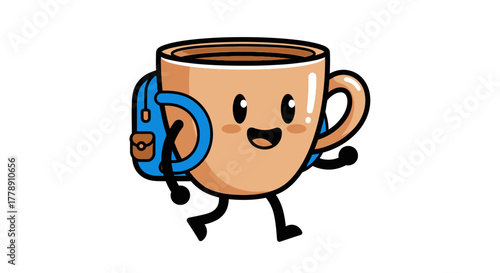 Cartoon coffee cup character with backpack ready for school or adventure time