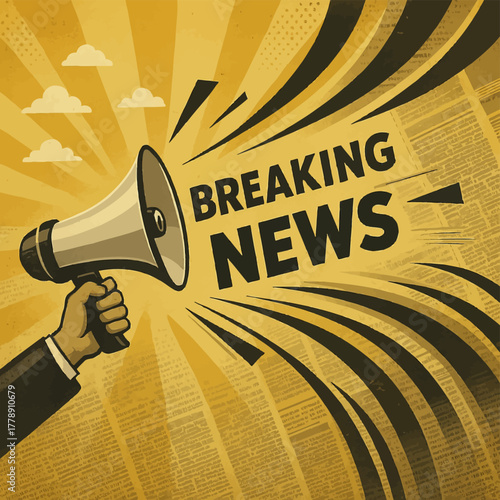 Breaking news announcement with megaphone and retro design evokes urgent information dissemination effectively