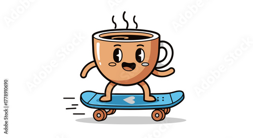 Animated coffee cup character riding a skateboard with playful enthusiasm enjoying the breeze