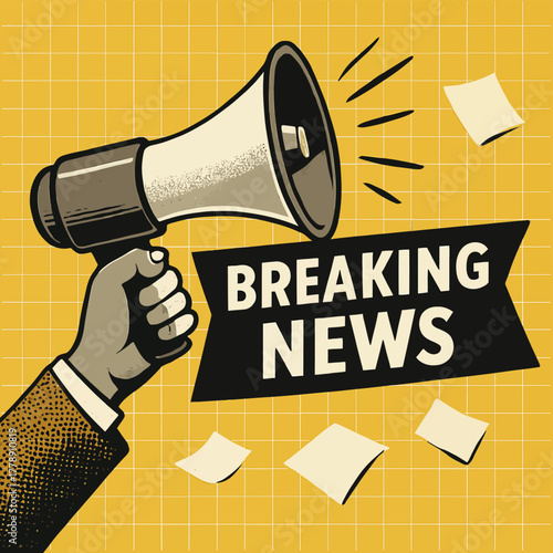 Hand holding megaphone announcing breaking news on yellow background with flying papers illustration