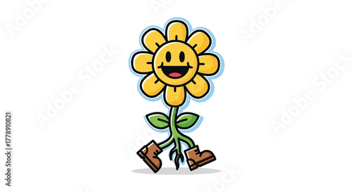 Cartoon sunflower character with a cheerful expression and boots walking playfully