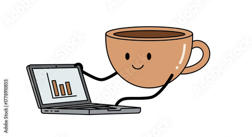 Animated coffee cup character analyzes business graphs displayed on a laptop screen