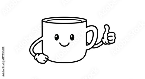 Cheerful mug character giving a thumbs up gesture conveying positivity and satisfaction