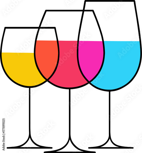 Three wine glasses filled with colorful liquids creating a vibrant and refreshing visual experience