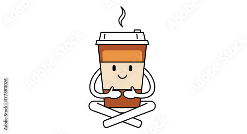 Relaxing coffee break: Cartoon coffee cup meditating in lotus position for serenity