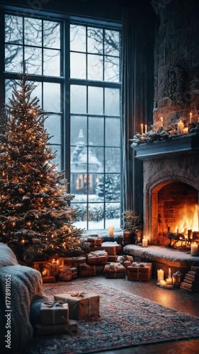 Cozy living room with fireplace and lighted decorated Christmas fir tree. Warm holiday atmosphere for 2026 New Year vertical greeting card. Winter festive hygge home interior decor concept.