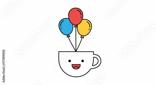 Joyful coffee cup cartoon with colorful balloons illustration conveying celebration and delight