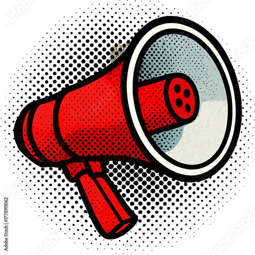 Red megaphone with halftone background representing communication and announcements in a vintage style