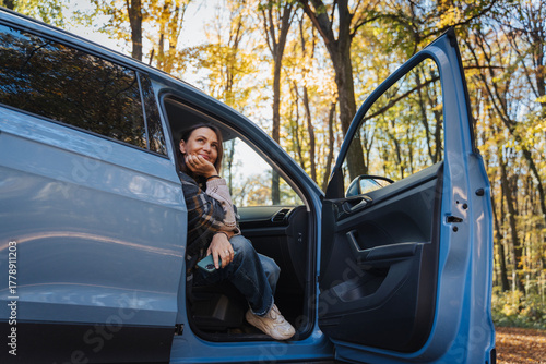 Road trip vacations woman tourist traveling by rental car active lifestyle outdoor