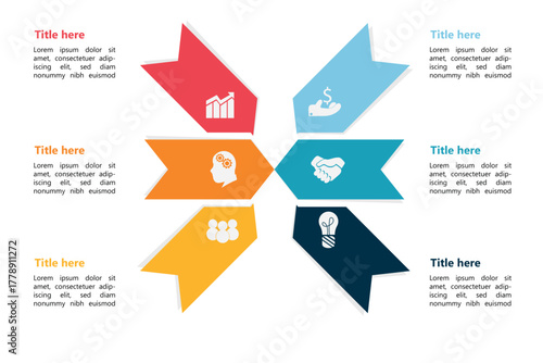 Modern cross arrow infographic with colorful sections for business presentation, teamwork, planning, and data visualization. Perfect for strategy and management design.