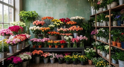 Flower shop interior with various colorful floral arrangements in pots and buckets.