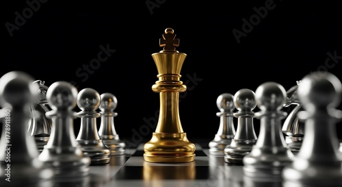 Golden king chess piece surrounded by silver pieces on a chessboard.