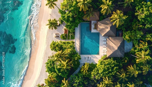 Fototapeta Naklejka Na Ścianę i Meble -  Tropical Beach Resort With Private Pool Overlooking Turquoise Ocean With White Sand Beach And Lush Green Palm Trees On A Sunny Day