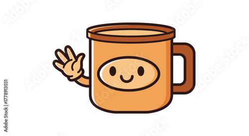 Animated coffee mug character waving hello, adorable illustration of a friendly cup mascot