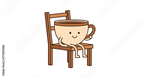 A cute cartoon cup of coffee character taking a break seated on a wooden chair