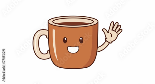 Animated coffee cup character joyfully waving hello to viewers with a friendly smile
