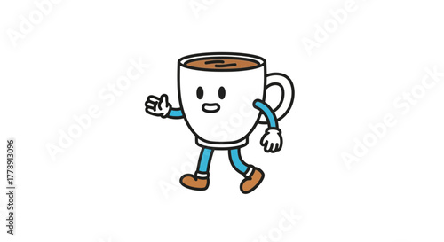 Animated walking coffee cup character on a plain background with cartoonish style