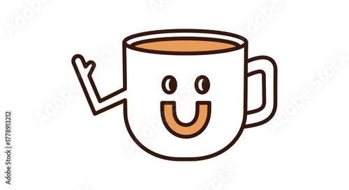 Animated cheerful coffee cup character waving hand on plain backdrop illustration
