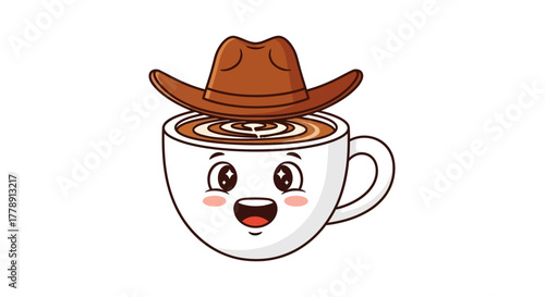 Cheerful coffee cup cartoon character wearing a cowboy hat on white background