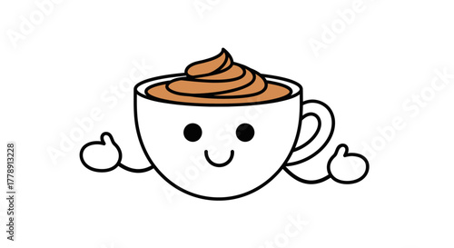 Smiling coffee cup character with frothy topping and thumbs up pose on white backdrop