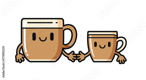 Delightful companionship illustration of two cartoon coffee cups holding hands in a heartwarming