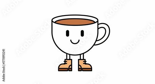 A whimsical coffee cup character with a smiling face standing on boots illustration