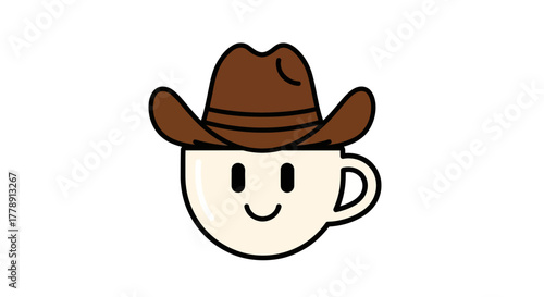 Whimsical coffee cup character wearing a cowboy hat on white backdrop image