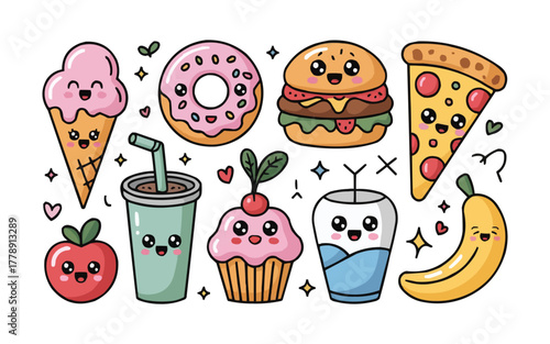 Adorable kawaii food icons bring happy vibes to your designs with burger, pizza, donut, ice cream, apple, banana, cupcake, and smoothie characters