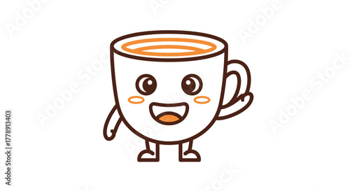 Cheerful coffee cup character waving hello with inviting smile and warm beverage inside
