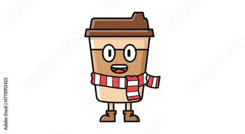 Charming Coffee Cup Character with Scarf and Glasses on a Clean White Background