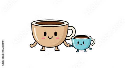 Adorable coffee cup duo illustration featuring a big and small animated cup holding hands