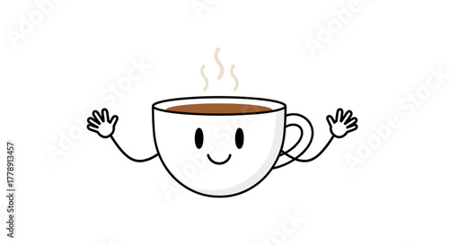 Cheerful coffee cup cartoon character with arms offering a warm greeting to start your day
