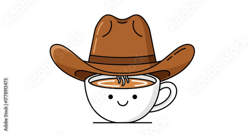 Cute Cowboy Coffee Cup Cartoon Character with a Smiling Face on a White Background