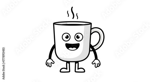 Animated steamy coffee cup with a cheerful expression radiating caffeine happiness